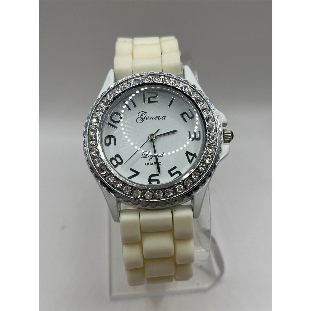 Geneva Legend Women's Watch Rhinestone Bezel White Silicone Band- New Battery